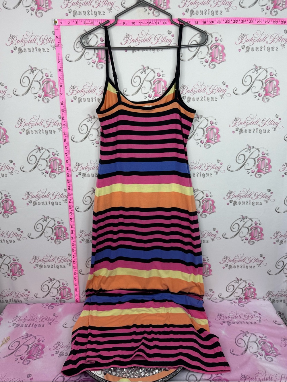 Derek Heart Striped Spaghetti Strap Maxi Dress - Pink, Orange, Blue, Yellow - Picture 2 of 10